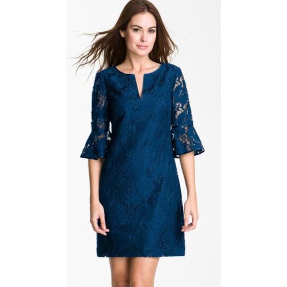Adrianna Papell Dresses & Skirts - Adrianna Papell Sheath Dress Teal Blue Lace 3/4 Bell Sleeve Wedding Size 4